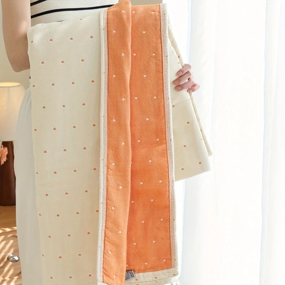 Charming Heart-Embroidered Cotton Blend Throw Blanket – Sunset Cream