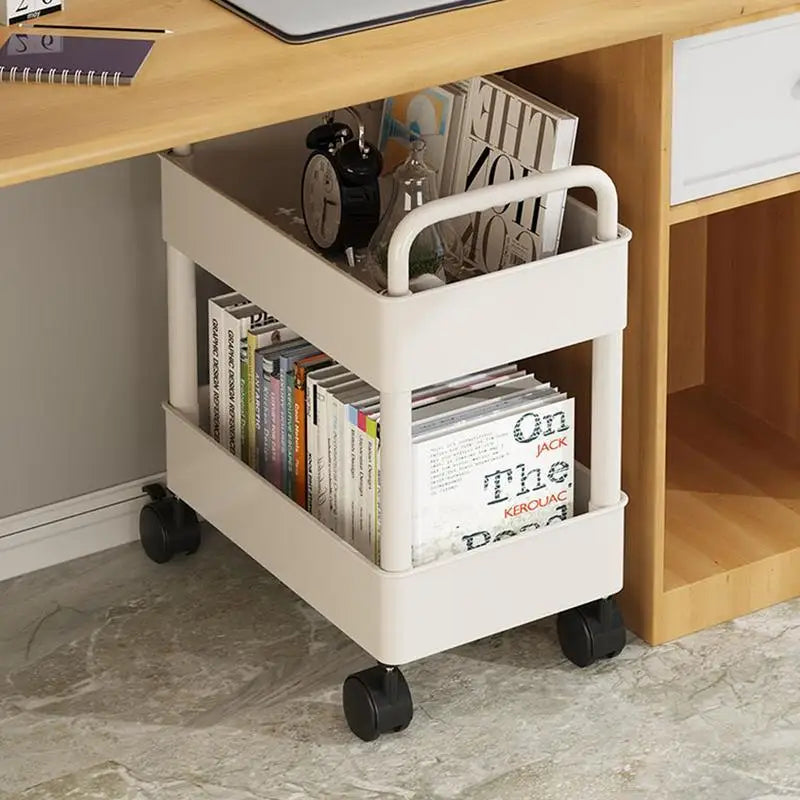 Mobile Book Cart with 2 Shelves and Pen Holder for Easy Transport – White