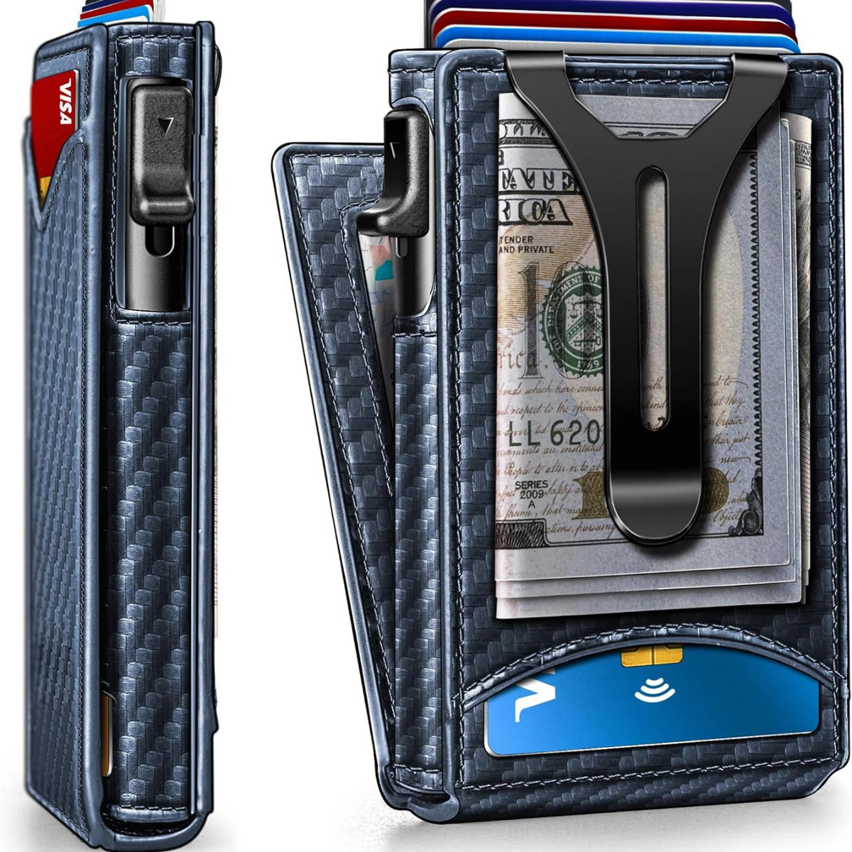 RFID-Blocking Slim Wallet in Aluminum Material – Blue Carbon Fiber