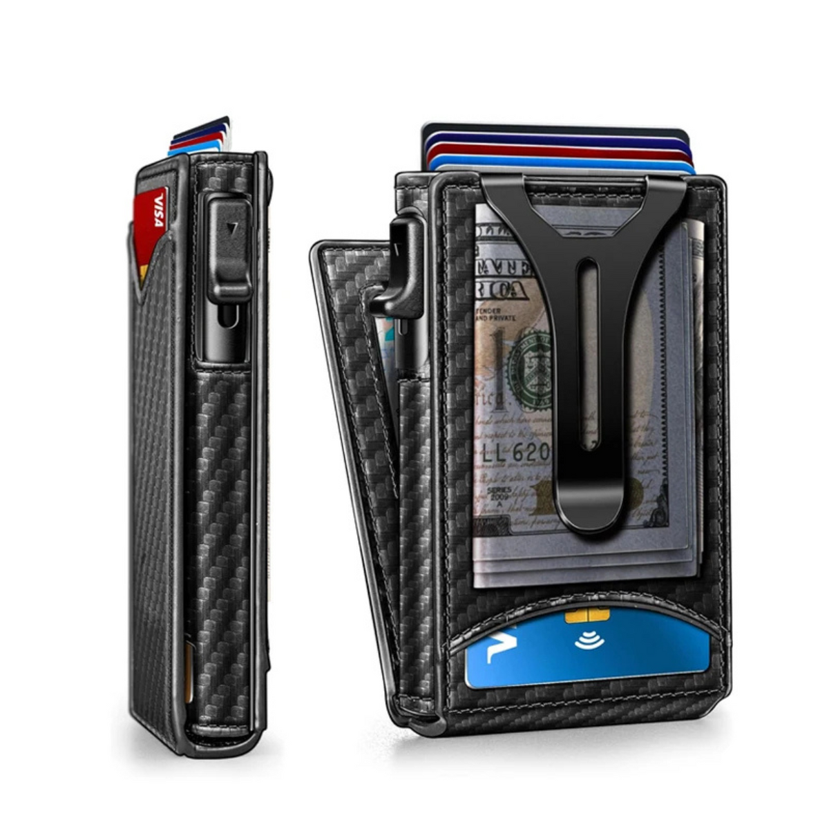 RFID-Blocking Slim Wallet in Aluminum Material – Black Carbon Fiber