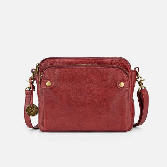 Three-Tiered Leather Crossbody and Clutch Bag in Vintage Style – Red