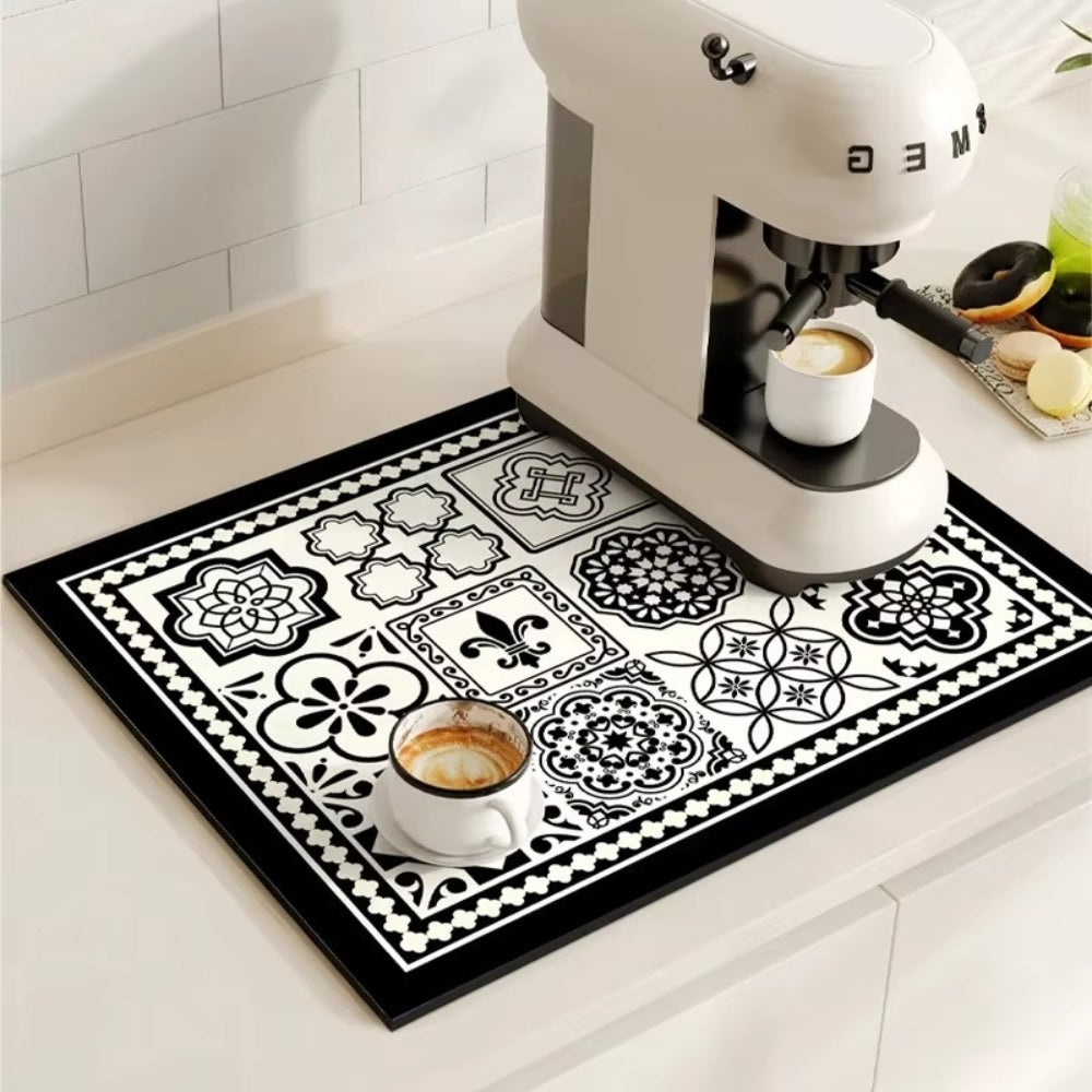 Absorbent Sink Mat with Coffee Bar Design – Stylish and Functional – Earthy Mosaic