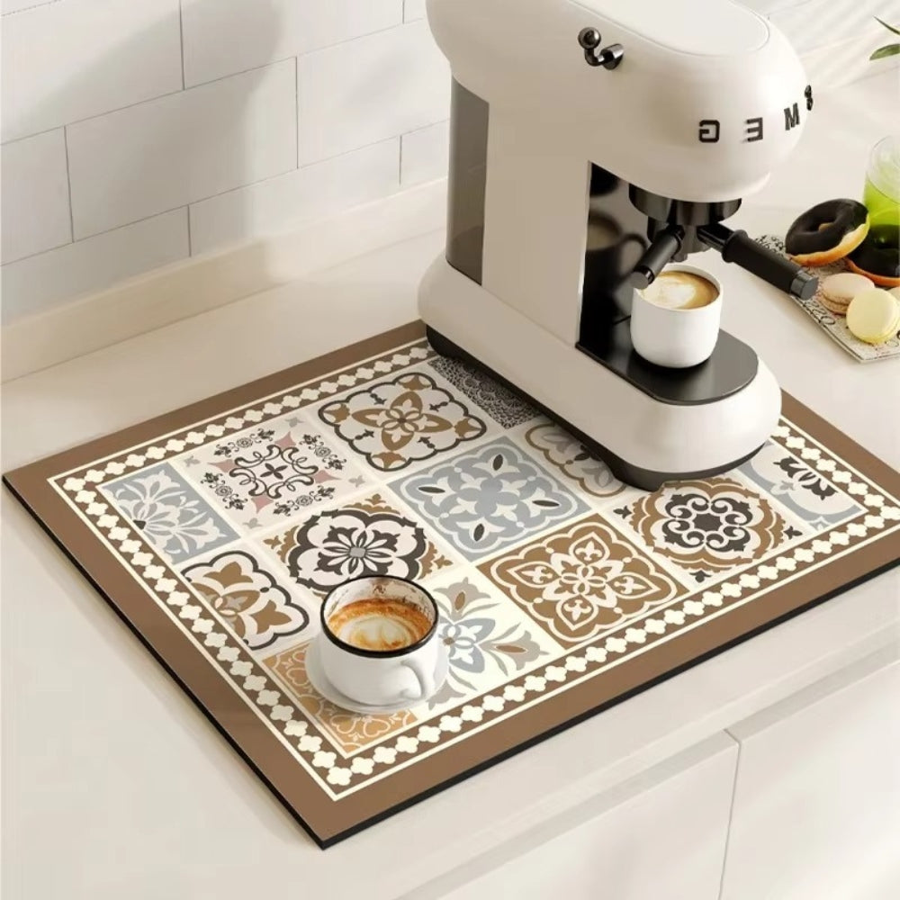 Absorbent Sink Mat with Coffee Bar Design – Stylish and Functional – Floral Wood