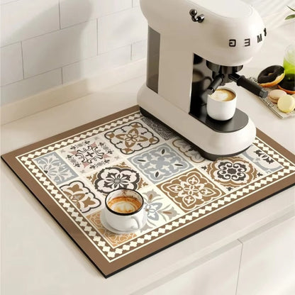 Absorbent Sink Mat with Coffee Bar Design – Stylish and Functional – Floral Wood