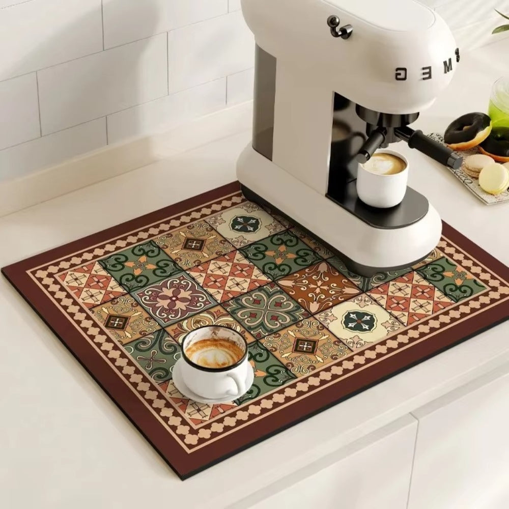Absorbent Sink Mat with Coffee Bar Design – Stylish and Functional – Azure Tile