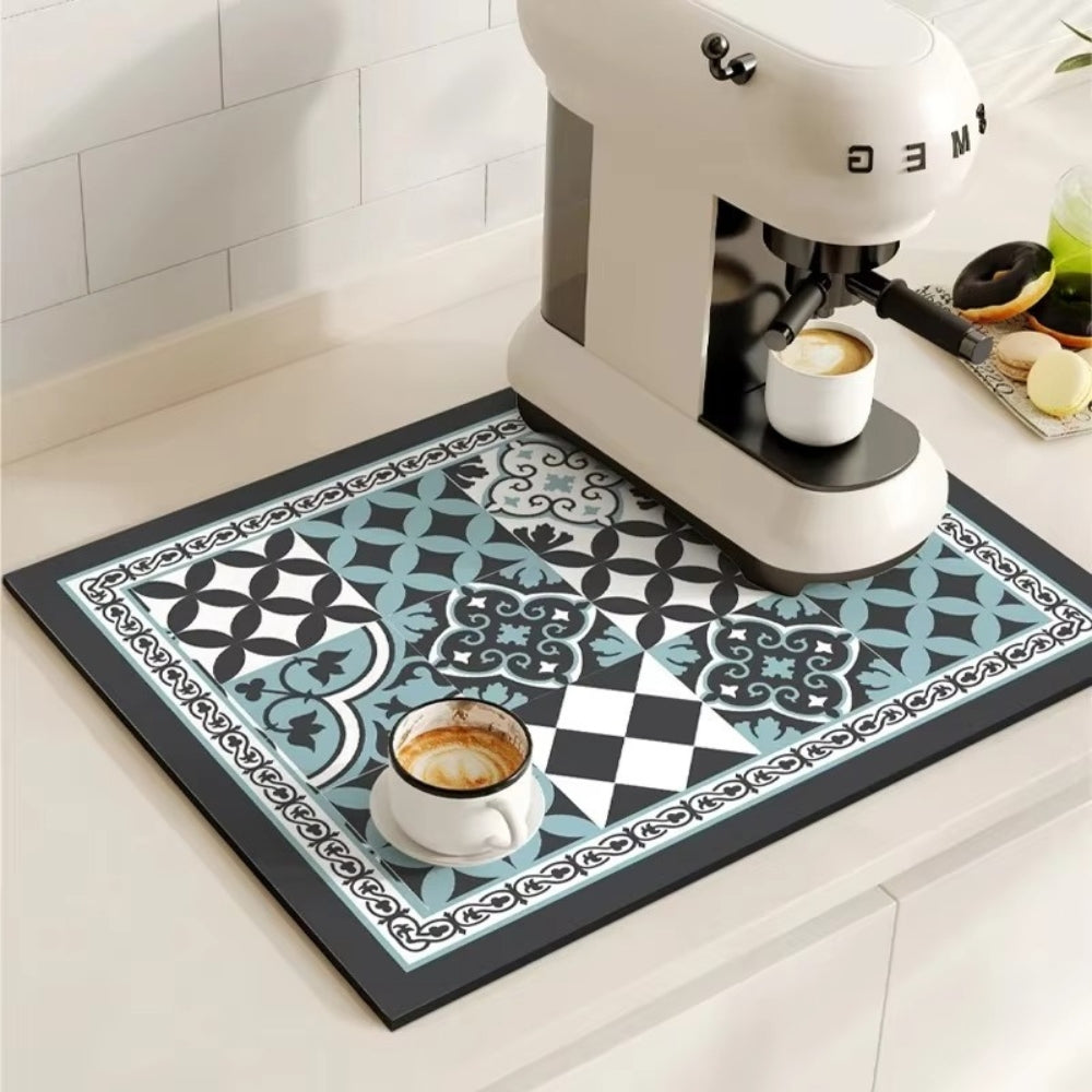 Absorbent Sink Mat with Coffee Bar Design – Stylish and Functional – Nordic Blue