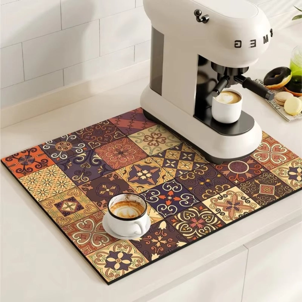 Absorbent Sink Mat with Coffee Bar Design – Stylish and Functional – Classic Noir
