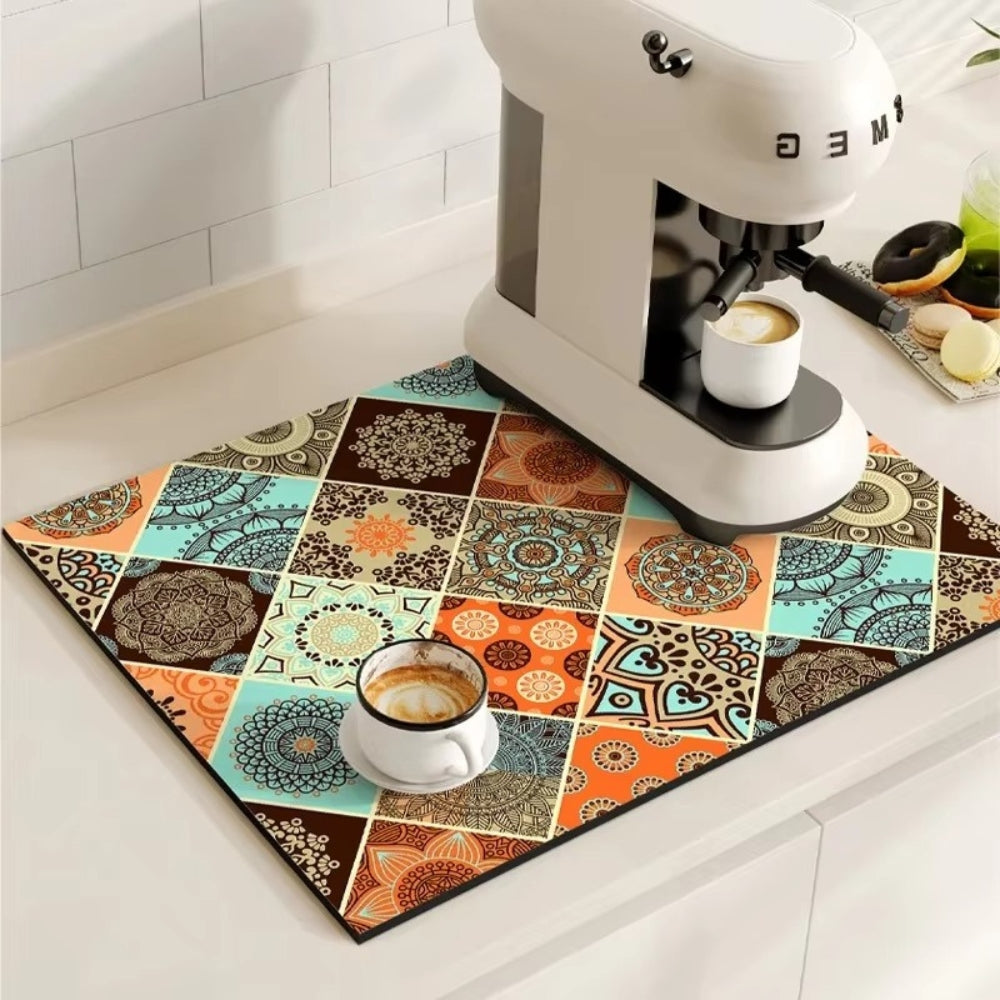 Absorbent Sink Mat with Coffee Bar Design – Stylish and Functional – Cerulean Bloom