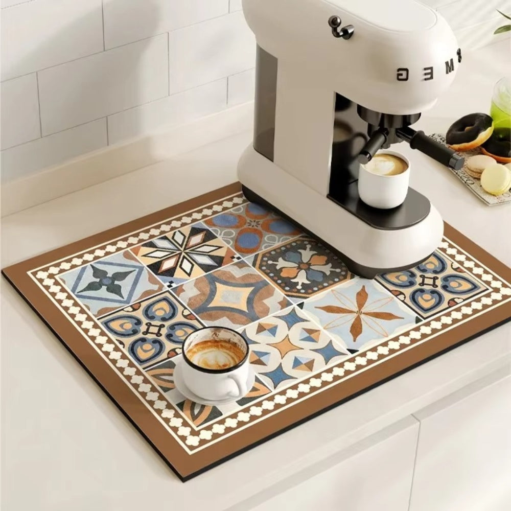 Absorbent Sink Mat with Coffee Bar Design – Stylish and Functional – Floral Brown