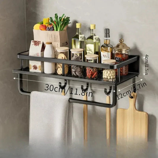 Stylish Wall-Mounted Shelf for Kitchen Storage Solutions – Black 30cm with hooks