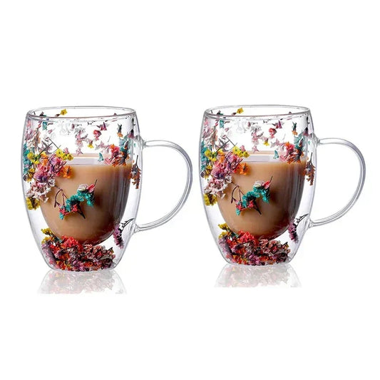 Set of 2 Floral Infused Double-Wall Glass Mugs