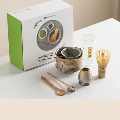 Standard Size 7-Piece Ceramic Matcha Bowl and Whisk Set for Tea Ceremony – 7-piece set C