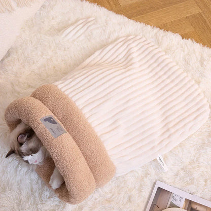 Cozy 3-Layer Pet Sleeping Bag for Cats & Small Dogs – Cream-colored