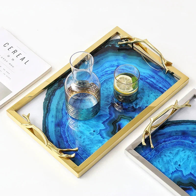 Serving Tray with Blue Agate Glass and Stainless Steel Frame
