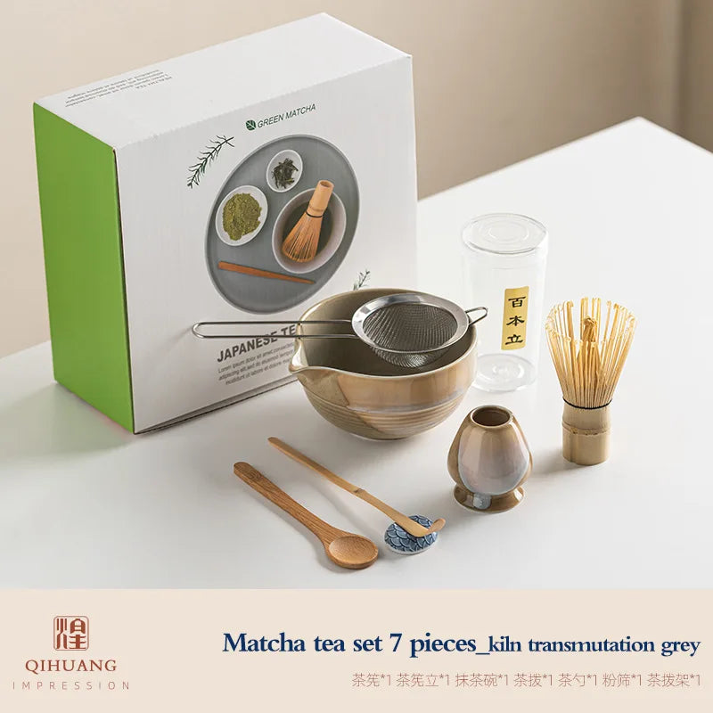 Standard Size 7-Piece Ceramic Matcha Bowl and Whisk Set for Tea Ceremony – 7-piece set E