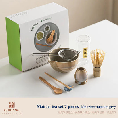 Standard Size 7-Piece Ceramic Matcha Bowl and Whisk Set for Tea Ceremony – 7-piece set E