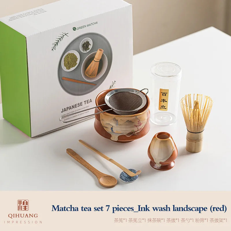 Standard Size 7-Piece Ceramic Matcha Bowl and Whisk Set for Tea Ceremony – 7-piece set D