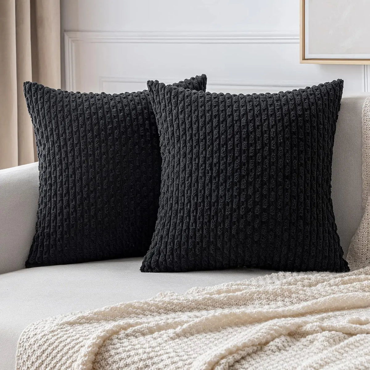 Boho Striped Corduroy Cushion Cover – Decorative Pillowcase for Sofa or Bed – Black