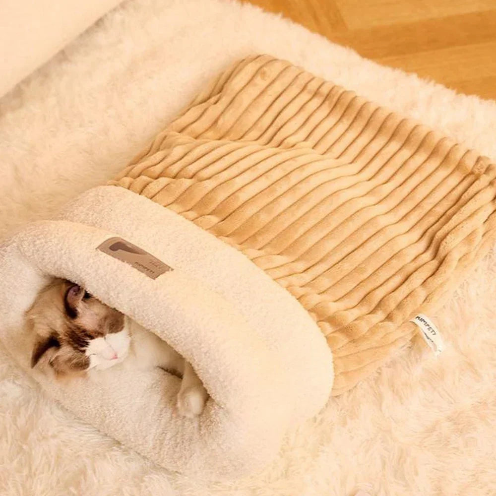 Cozy 3-Layer Pet Sleeping Bag for Cats & Small Dogs – Light brown