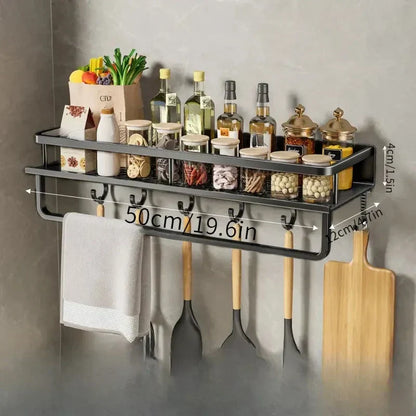 Stylish Wall-Mounted Shelf for Kitchen Storage Solutions – Black 50cm with hooks