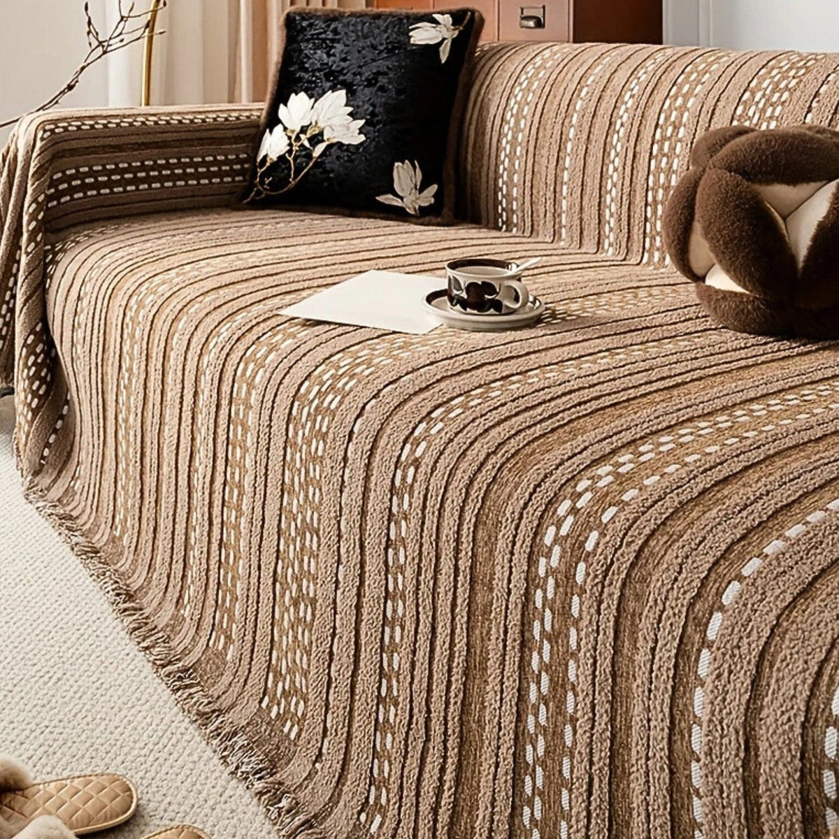 Desert Dream Plush Bohemian Sofa Protector Blanket – Desert Taupe