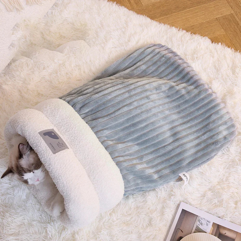 Cozy 3-Layer Pet Sleeping Bag for Cats & Small Dogs – Blue