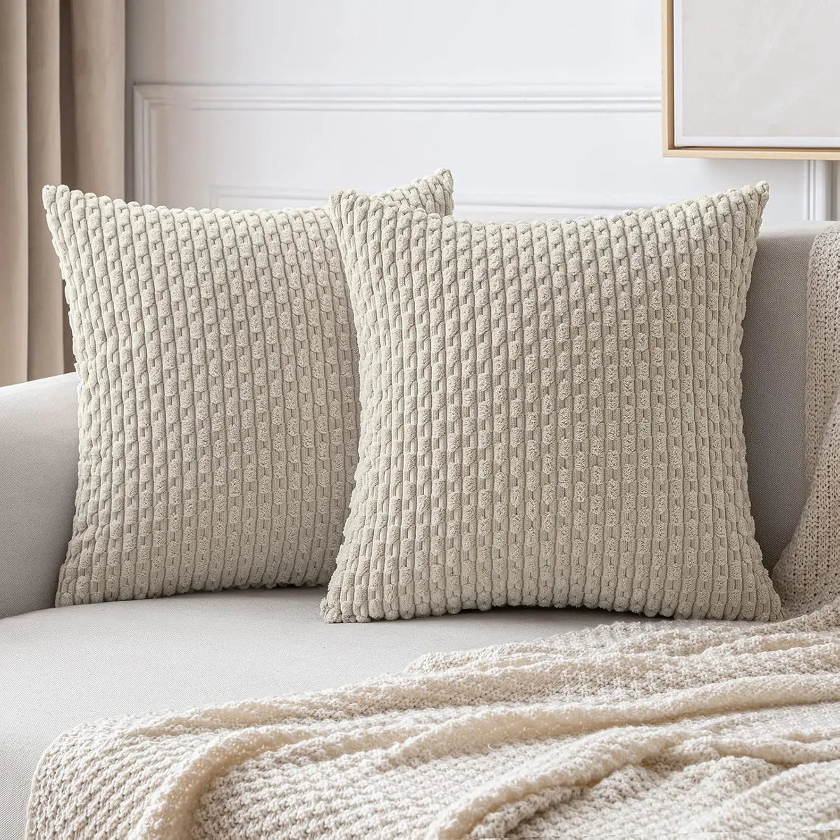 Boho Striped Corduroy Cushion Cover – Decorative Pillowcase for Sofa or Bed – Beige