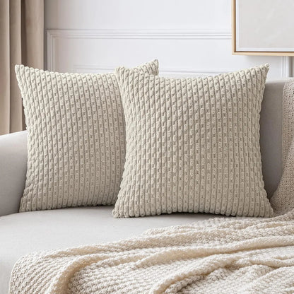 Boho Striped Corduroy Cushion Cover – Decorative Pillowcase for Sofa or Bed – Beige