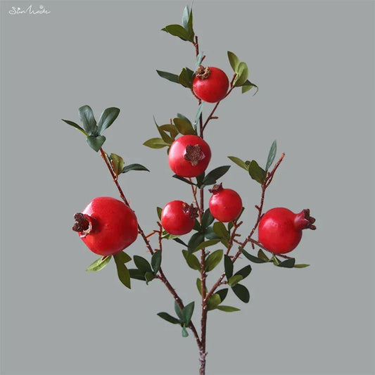 Set of 6 Faux Pomegranate Fruit Stems with Foliage – Red