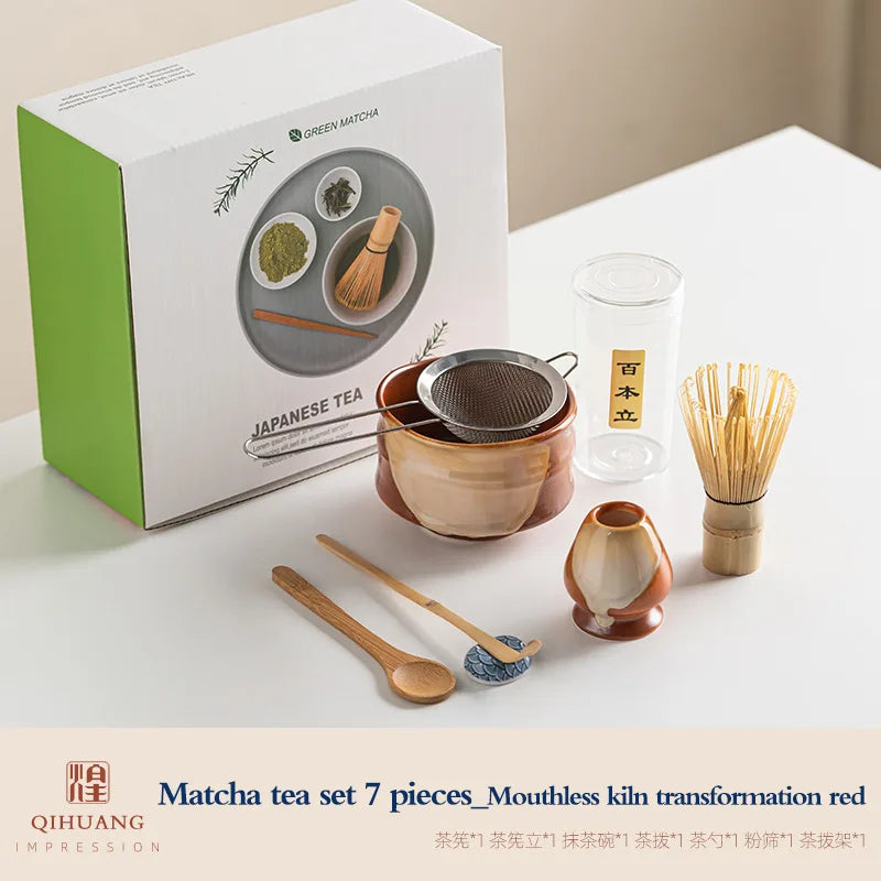 Standard Size 7-Piece Ceramic Matcha Bowl and Whisk Set for Tea Ceremony – 7-piece set B