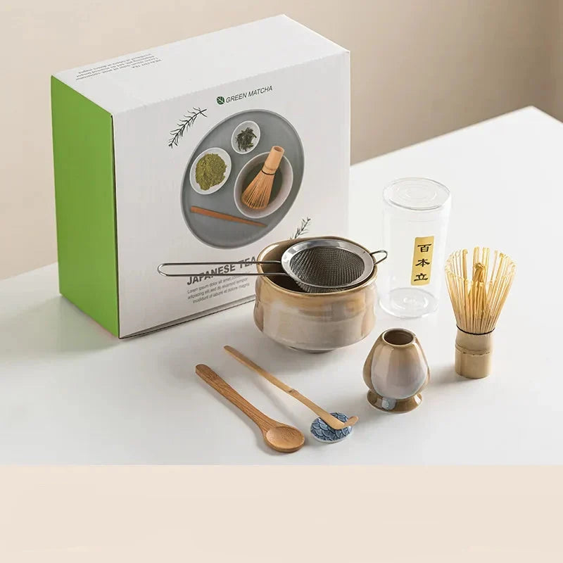 Standard Size 7-Piece Ceramic Matcha Bowl and Whisk Set for Tea Ceremony – 7-piece set A