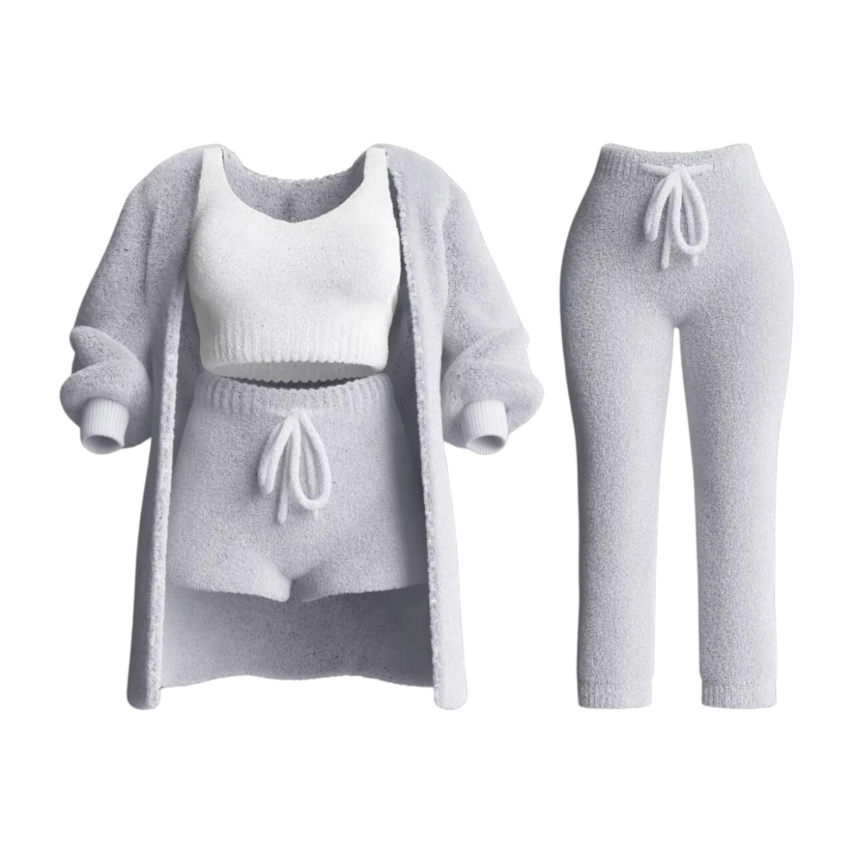 Women's Full Tracksuit Ensemble: Sweater, Sports Bra, Trousers, Cardigan – Gray