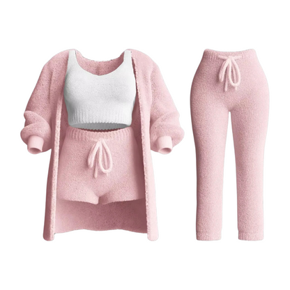 Women's Full Tracksuit Ensemble: Sweater, Sports Bra, Trousers, Cardigan – Pink