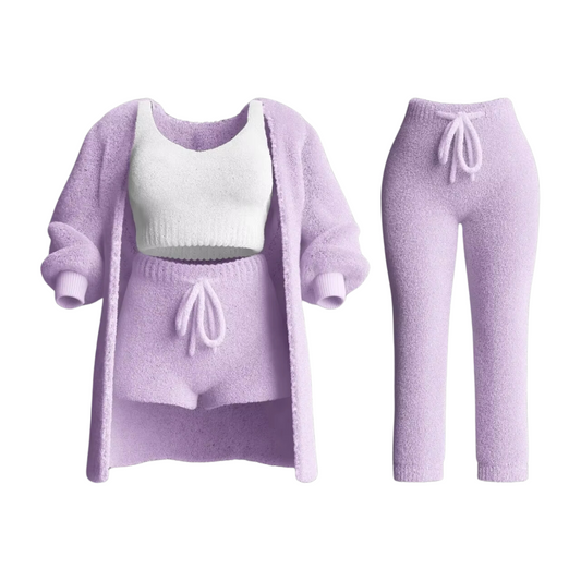 Women's Full Tracksuit Ensemble: Sweater, Sports Bra, Trousers, Cardigan – Purple