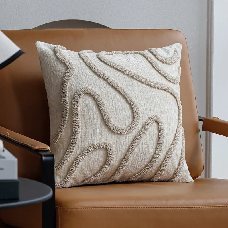 Geometric Patterned Chenille Throw Pillow Cover in Bohemian Style – Beige