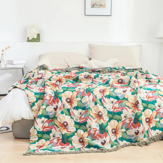 Vibrant Blossom Cotton Throw Blanket with Chic Tassels