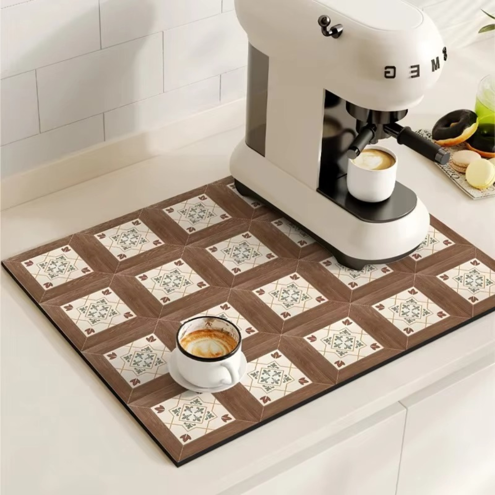 Absorbent Sink Mat with Coffee Bar Design – Stylish and Functional – Wooden Squares