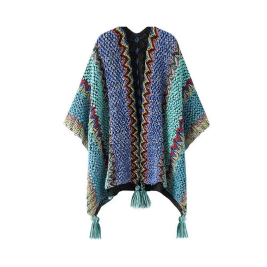 Chic Striped Blanket Cape with Tassel Accents – Teal Zigzag