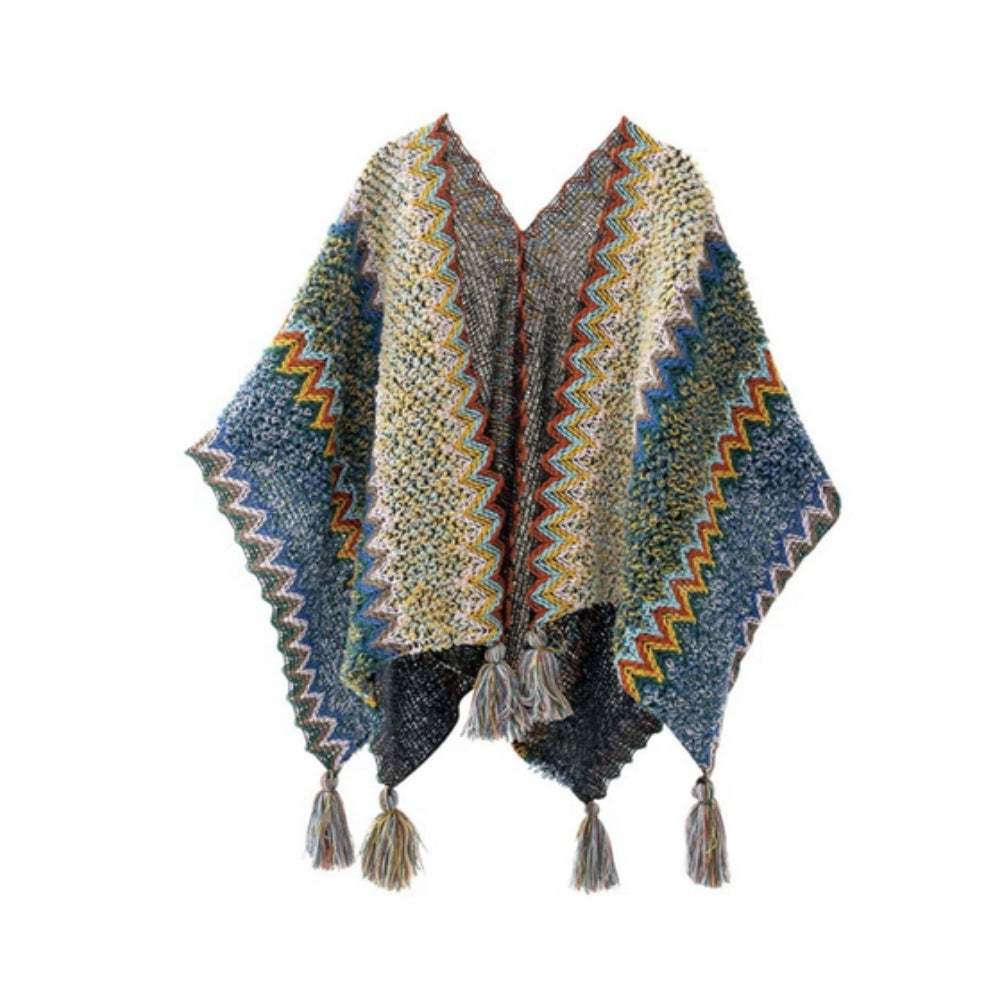 Chic Striped Blanket Cape with Tassel Accents – Olive Chevron
