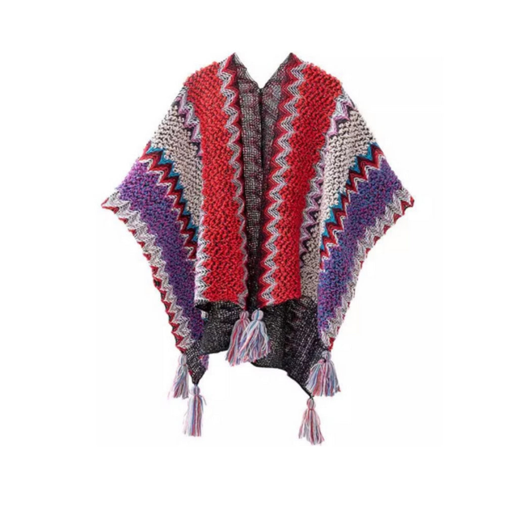 Chic Striped Blanket Cape with Tassel Accents – Crimson Wave