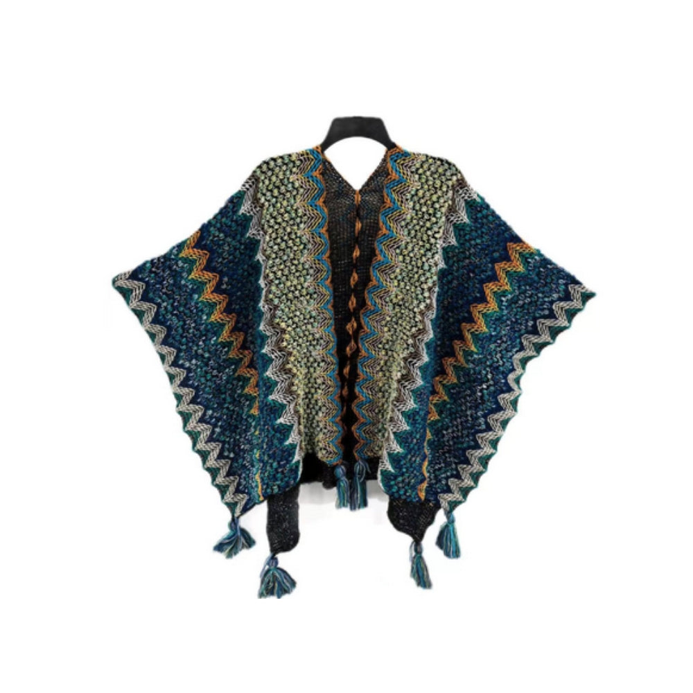 Chic Striped Blanket Cape with Tassel Accents – Midnight Fern