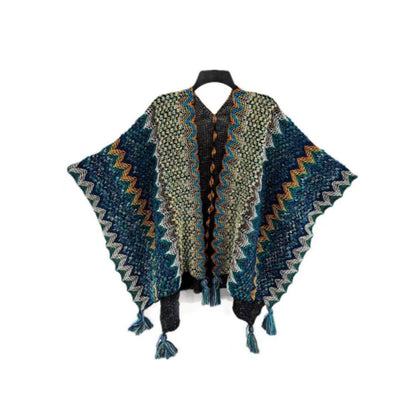 Chic Striped Blanket Cape with Tassel Accents – Midnight Fern