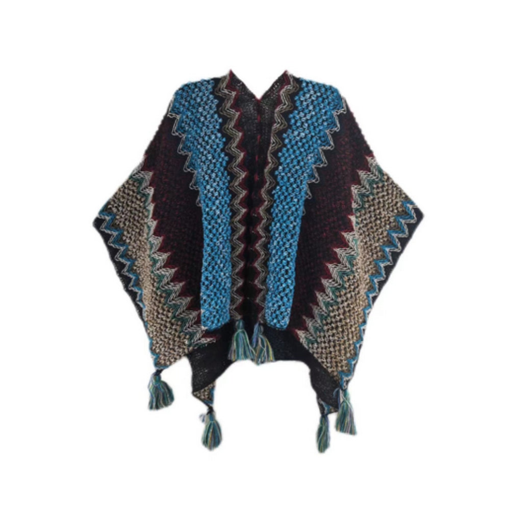 Chic Striped Blanket Cape with Tassel Accents – Mocha Sapphire