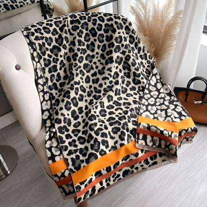 Chic Leopard Print Wool-Blend Wrap Scarf – Cinder Gold