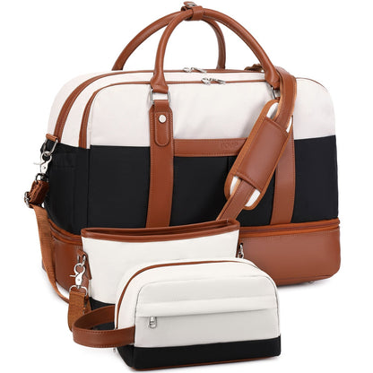 Spacious Travel Duffel for Women - Large Weekend Overnight Bag – Black White Set