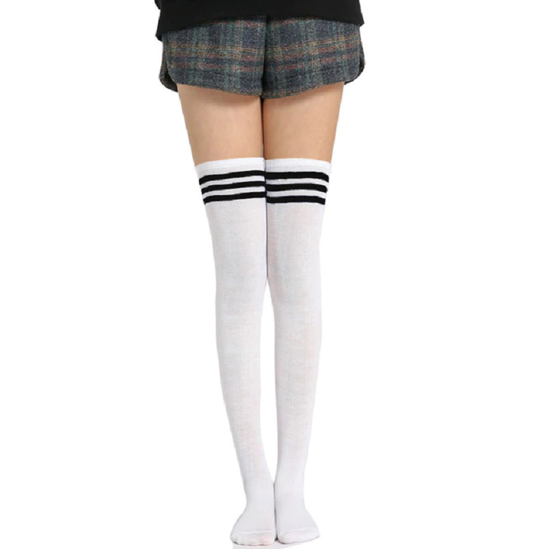 Long Thigh High Nylon Socks with Stripes for Girls – white(stripe black)
