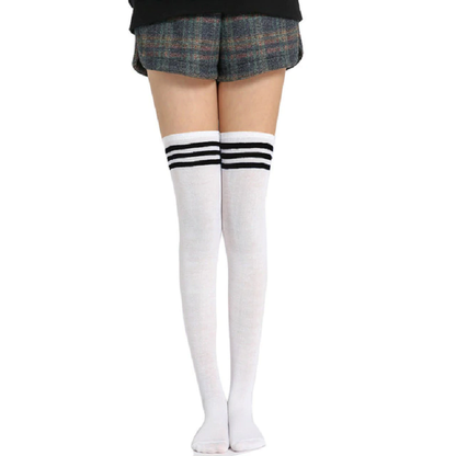 Long Thigh High Nylon Socks with Stripes for Girls – white(stripe black)