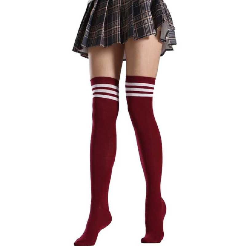 Long Thigh High Nylon Socks with Stripes for Girls – Red(stripe white)
