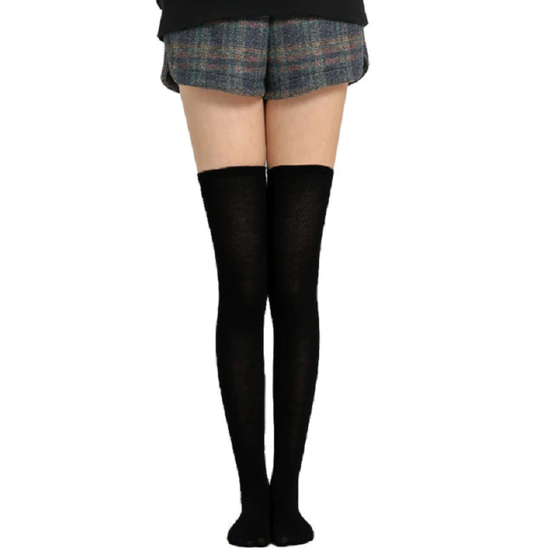 Long Thigh High Nylon Socks with Stripes for Girls – Pure black