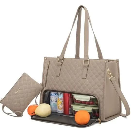 Water-Resistant Women's Quilted Bag with Cooler, Shoulder Strap & Pouch – Khaki